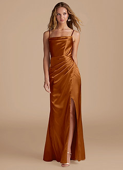 Azazie Marzia Vestidos de damas de honor Vestido de Cobre de Satén Metálico de Corte Sirena con Plisado image4
