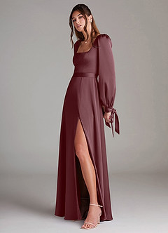 Azazie Leonia Robes de demoiselle d'honneur Robe Trapèze en Satin extensible Manche longue Sangria image5