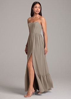 Azazie Kailee Bridesmaid Dresses Taupe A-Line with Pockets Chiffon Dress image3