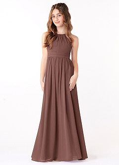 Azazie Jaylah Junior Espresso A-Line Ruched Chiffon Dress image4