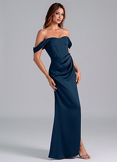 Azazie Asha Venta Final Vestido de Azul Marino Oscuro de Satén Elástico de Corte Recto Convertible con Vestidos sin tirantes image3