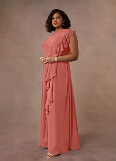 Azazie Narine vestidos de madre de la novia Vestido de Rosa Salmón de Gasa de Corte en A con Cuello alto plisado image9