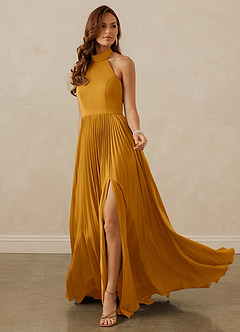 Christian Siriano Bridal for Azazie 1007 Bridesmaid Dresses Butterscotch A-Line Pleated Stretch Satin Dress image3