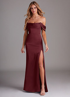 Azazie Saige Robes de demoiselle d'honneur Robe Fourreau en Satin extensible Épaule décolletée Cabernet image3