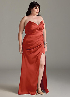 Azazie Yola Robes de demoiselle d'honneur Robe Fourreau Convertible en Satin extensible Plissee mit V-Ausschnitt Rouille image12