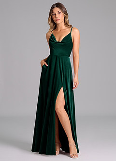 Azazie Sarella Bridesmaid Dresses Emerald A-Line Pleated Velvet Dress image1