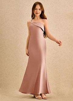 Azazie Almond Girls Formal Blumenmädchenkleider Etui One-Shoulder Stretch-Satin Kleid Roségold image6