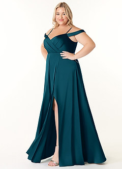 Azazie Ocean Bridesmaid Dresses Ink Blue A-Line V-Neck Pleated Stretch Satin Dress image8