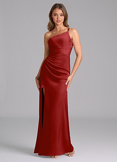 Azazie Eren Bridesmaid Dresses Pomegranate Mermaid One Shoulder Stretch Satin Dress image2