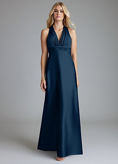 Azazie Raelynn Final Sale Dark Navy A-Line Pleated Stretch Satin Dress image4