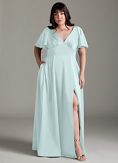 Azazie Kimber Bridesmaid Dresses Sea Glass A-Line Ruched Stretch Satin Dress image7