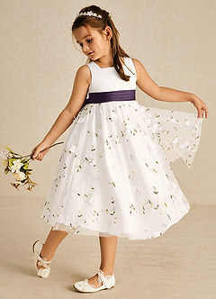 Azazie Pollie vestidos de niña de las flores Vestido de Marfil Ciruela de Tul de Corte En A con Lazo image1