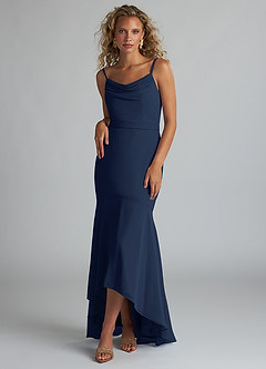 Azazie Summer Bridesmaid Dresses Dark Navy Mermaid Scoop Cowl Chiffon Dress image1