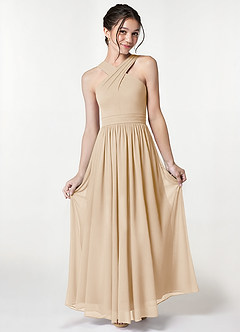 Azazie Jiya Junior Champagne A-Line Pleated Mesh Dress image1
