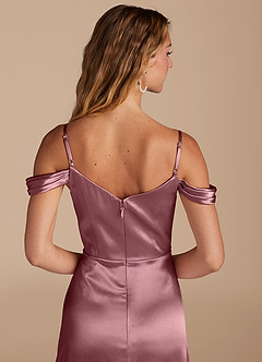 Azazie Ocean Bridesmaid Dresses Vintage Mauve A-Line Off the Shoulder Metallic Satin Dress image5