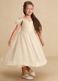 Azazie Lizzette Flower Girl Dresses Champagne A-Line Ruched Tulle Dress image4