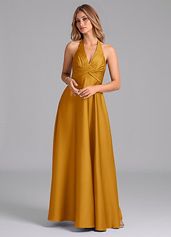 Azazie Tessie Bridesmaid Dresses Butterscotch A-Line Pleated Stretch Satin Dress image1