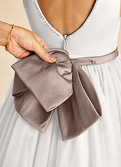 Azazie Seline Flower Girl Dresses Ivory Taupe A-Line Bow Tulle Dress image3