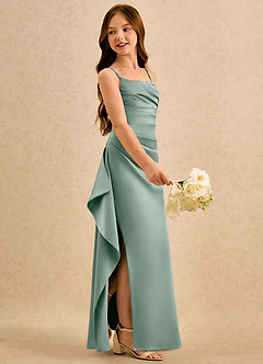 Azazie Cannoli Girls Formal Robe Demoiselle D'honneur Fillette Robe Trapèze en Mat Satiné Plissé Sauge D'argent image4