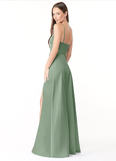 Azazie Halsey Robes de demoiselle d'honneur Robe Fourreau en Satin extensible Fente Latérale Matcha image5