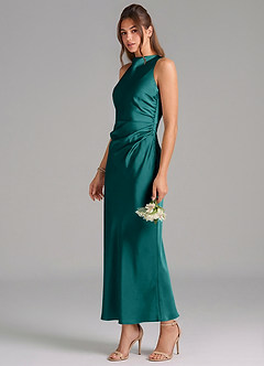 Azazie Evadne Vestidos de damas de honor Vestido de Pavo Real de Satén Elástico de Corte Recto con Plisado image1