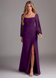 Azazie Charissa Bridesmaid Dresses Grape Sheath Long Sleeve Chiffon Dress image3