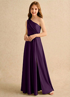Azazie Puddles Girls Formal Robe Demoiselle D'honneur Fillette Robe Trapèze en Satin extensible Une épaule Grain De Raisin image4