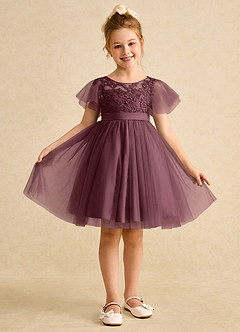 Azazie Queenie Robe Demoiselle D'honneur Fillette Robe Trapèze en Dentelle Sangria image1