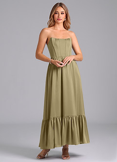Azazie Leilana Bridesmaid Dresses Moss Green A-Line Corset Stretch Satin Dress image1