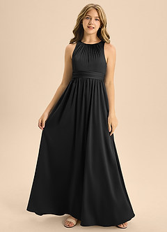 Azazie Jaylah Junior Black A-Line Pleated Stretch Satin Dress image4