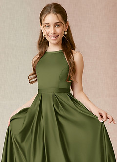 Azazie Arianthe Junior Olive A-Line with Pockets Stretch Satin Dress image5