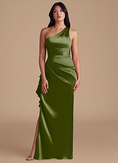 Azazie Latrice Brautjungfernkleider Etui One-Shoulder Metallischer Satin Kleid Olivgrün image2
