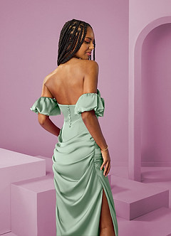 Barbie ♥ Azazie Jurken voor bruidsmeisjes Converteerbaar Jurk van Stretch Satijn met Kolom Off the Shoulder Agave image8
