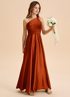 Azazie Charlize Junior Paprika A-Line Pleated Stretch Satin Dress image3