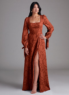 Azazie Leonia Robes de demoiselle d'honneur Robe Trapèze en Blumen-Burnout Manche longue Auburn image1