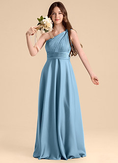 Azazie Charlize Junior Abito A-Line in Raso Elasticizzato Plissettato Blu Acciaio image6