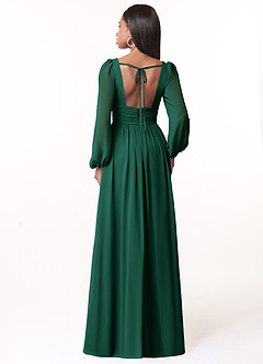 Azazie Norah Bridesmaid Dresses Emerald A-Line V-Neck Long Sleeve Chiffon Dress image2