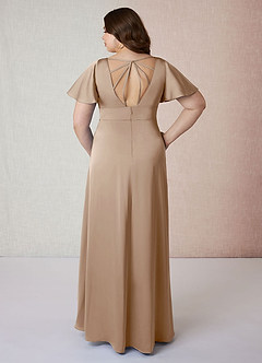 Azazie Lani Bridesmaid Dresses Taupe A-Line Flounce Sleeve Stretch Satin Dress image8
