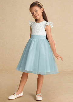Azazie Vetty Flower Girl Dresses Ivory Mist A-Line Lace Tulle Dress image3
