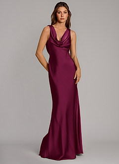 Azazie Cheryl Vestidos de damas de honor Vestido Ciruela Roja de Satén Elástico de Corte Sirena image1