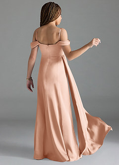 Azazie Amyra Junior Rose Gold Sheath Off the Shoulder Stretch Satin Dress image2