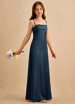Azazie Mirabella Girls Formal vestidos de niña de las flores Vestido Azul Marino Oscuro de Satén Elástico de Recto con Escote corazón image4