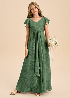 Azazie Omari Junior A-Linie Plissee Blumen-Burnout Kleid Eukalyptus image4