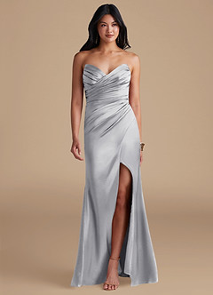 Azazie Yola Abiti da Damigella Abito Tubino in Raso Metallizzato Senza Cinturino Argento image1