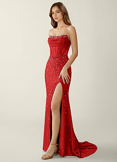 Esme Red Two-piece Corset Stretch Satin Mermaid Prom Dress image4