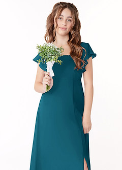 Azazie Bondi Junior Ink Blue A-Line Bow Chiffon Dress image4