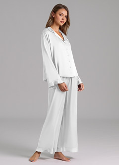 front Ruffled Satin Long Sleeve Pajama Set