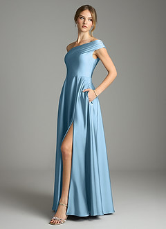 Azazie Melanie 신부 들러리 드레스 A라인 오프 더 숄더 스트레치 새틴 바닥 길이 드레스 image4