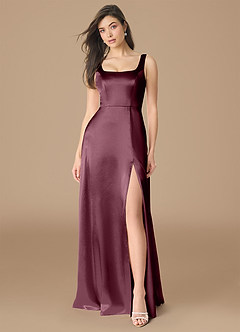 Azazie Joyce Bridesmaid Dresses Cabernet A-Line Side Slit Metallic Satin Dress image1