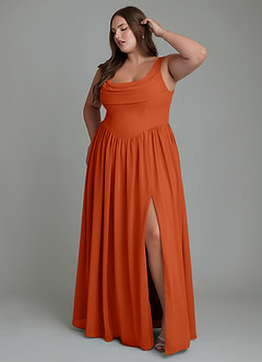 Azazie Novi Vestidos de damas de honor Vestido Naranja Quemada de Gasa de Línea A con Plisado image9